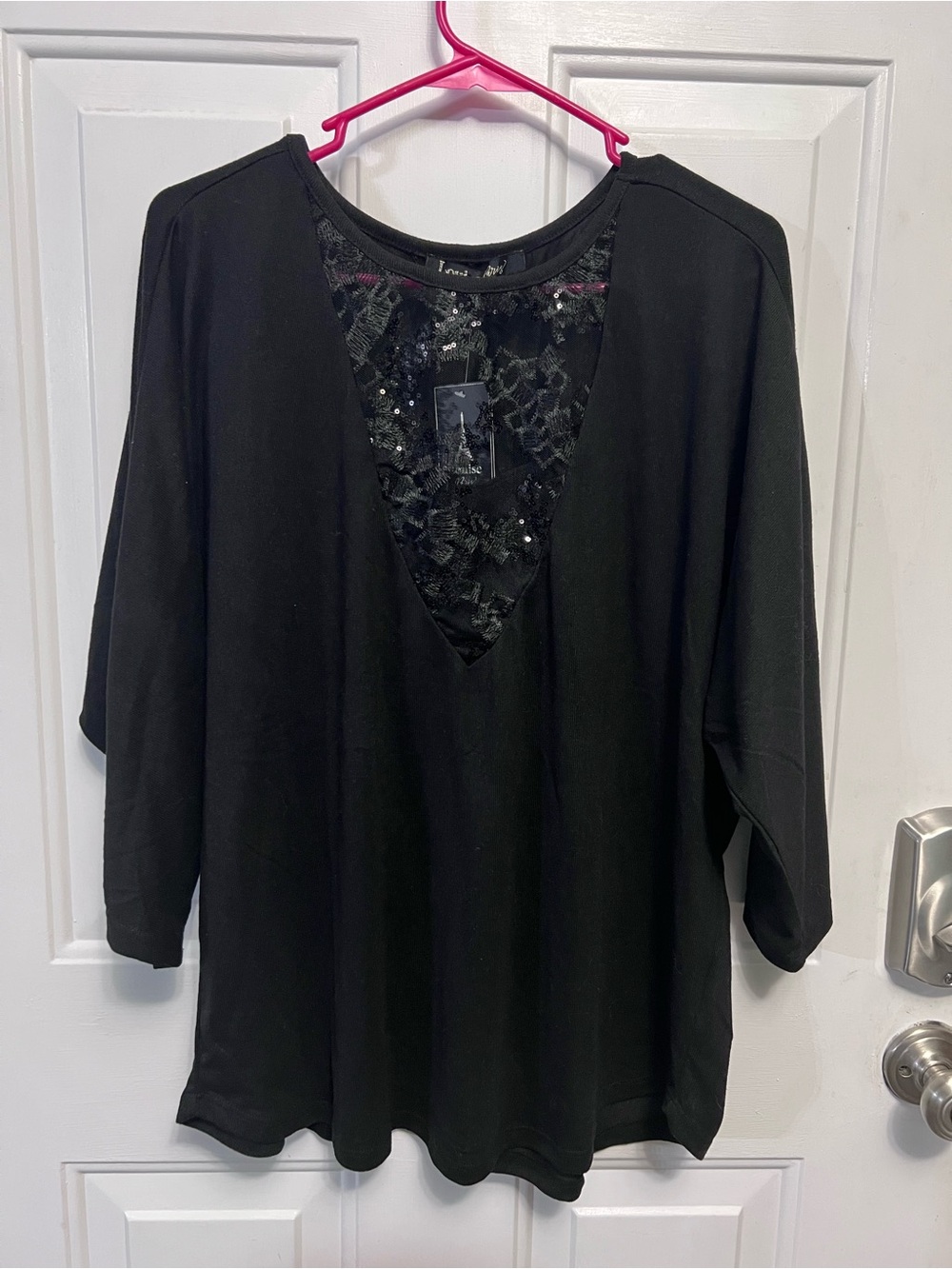 Louise Paris 1X Black Embellished Tunic Top Sequin Lace 3/4 Sleeve NWT